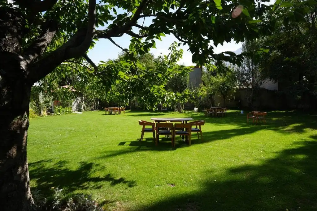 Lush green garden at Hotel Reego Skardu